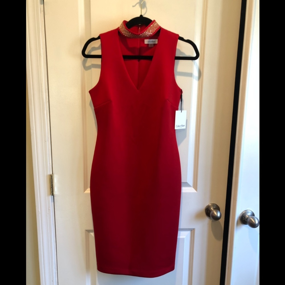 SOLD NWT Calvin Klein Red Dress with Studded Choke